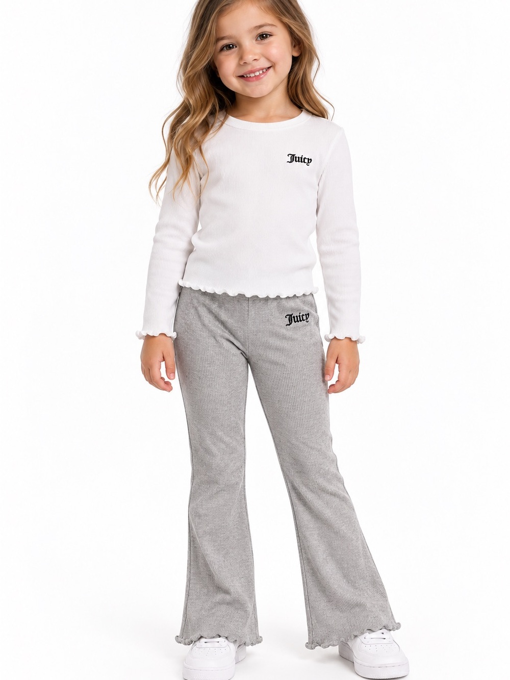 Juicy Couture • NWT set White Ribbed Long Sleeve Top & Gray Flare Pants Set
